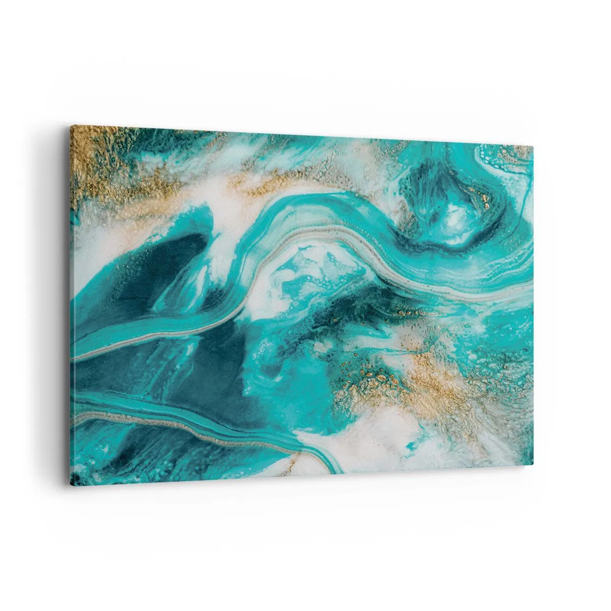 Impression sur toile - Image sur toile - Abstraction turquoise avec des accents blancs et dorés - 120x80cm - Rivière d'or - Décoration murale moderne pour le salon et la chambre ARTTOR