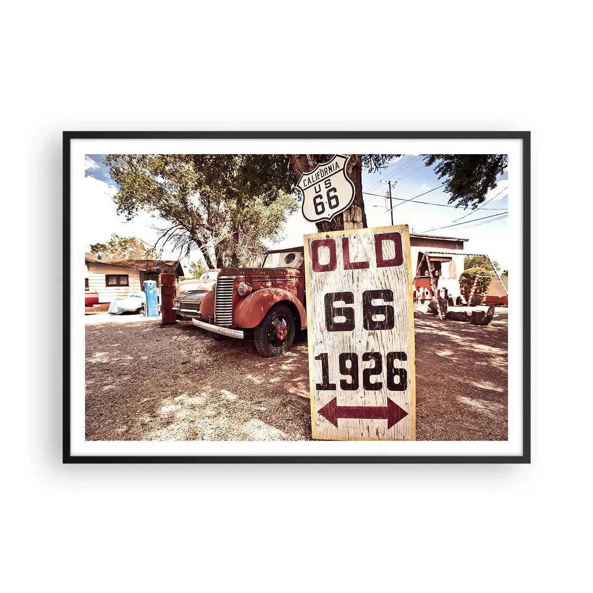 Affiche dans un cadre noir - Poster - Voiture rétro et panneau Route 66 dans un cadre rustique - 100x70cm - La légende de la province américaine - Décoration murale moderne pour le salon et la chambre ARTTOR