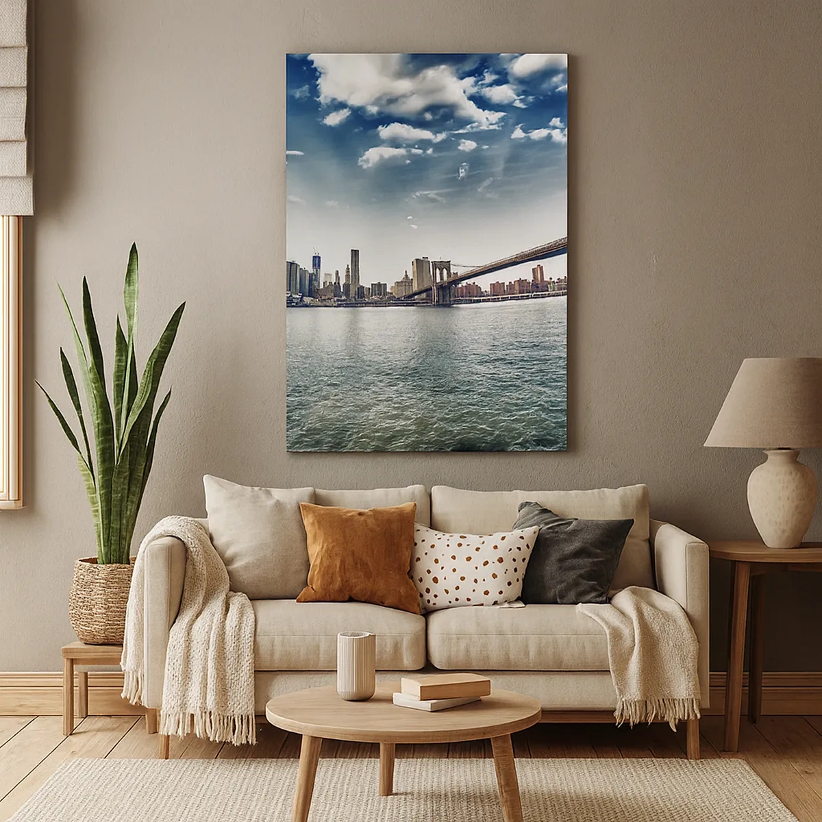 Impression sur toile - Image sur toile - Panorama de la ville avec un pont contre le ciel bleu - 50x70cm - L'île de verre - Décoration murale moderne pour le salon et la chambre ARTTOR