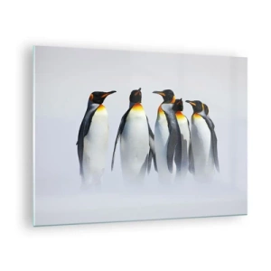 Impression sur verre - Image sur verre - Un groupe de pingouins dans un paysage hivernal - 70x50cm - Rencontre en robes de soirée - Décoration murale moderne pour le salon et la chambre ARTTOR