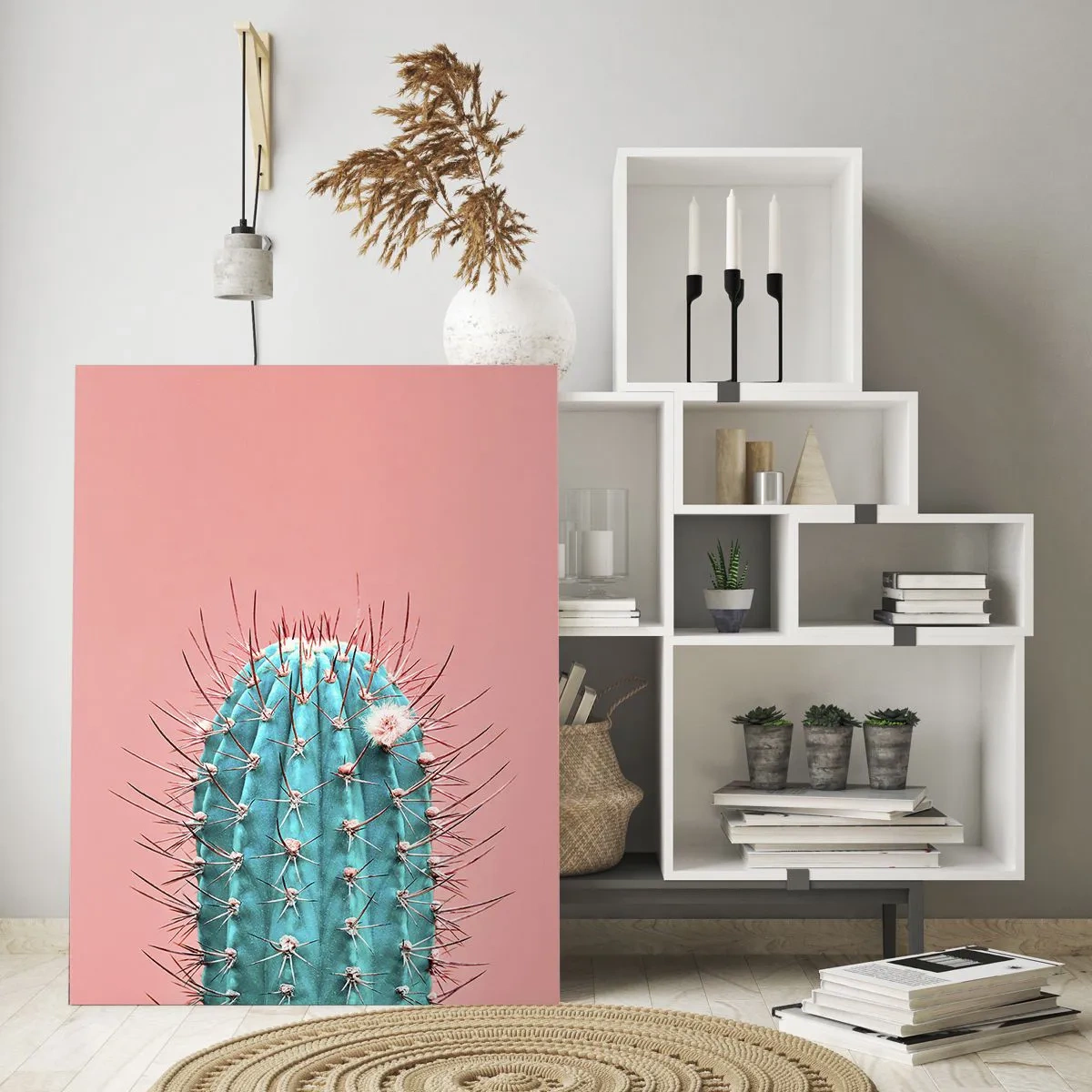Impression sur verre - Image sur verre - Cactus vert avec des épines sur fond rose - 50x70cm - Juste regarde - Décoration murale moderne pour le salon et la chambre ARTTOR