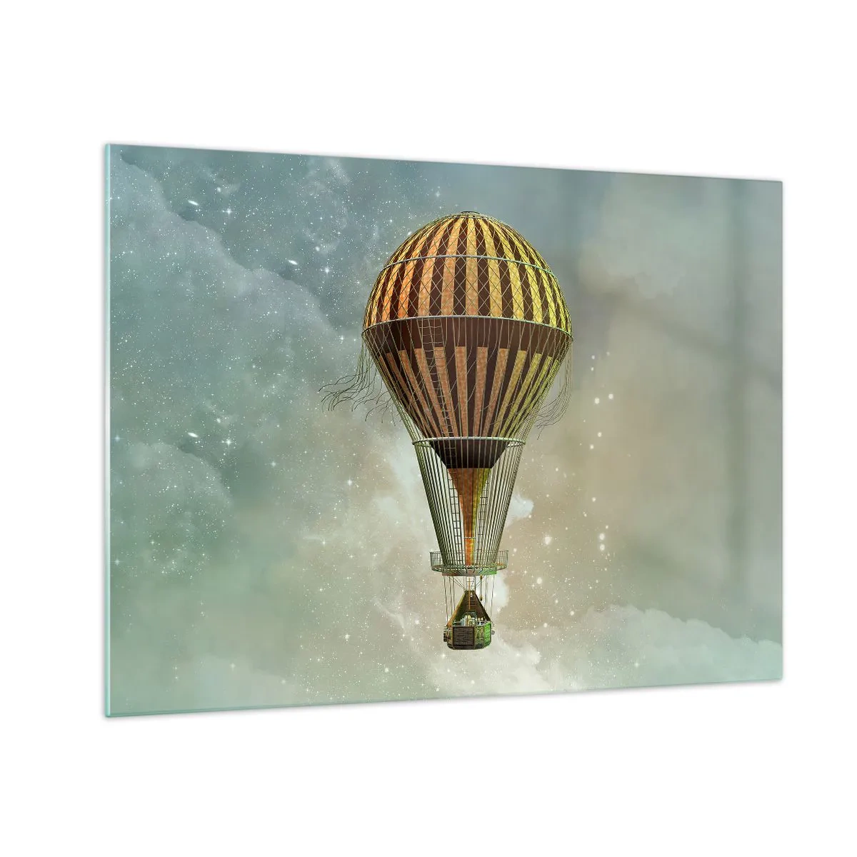 Impression sur verre - Image sur verre - Un ballon stylisé sur fond de ciel étoilé et de nuages. - 70x50cm - Vols pionniers - Décoration murale moderne pour le salon et la chambre ARTTOR