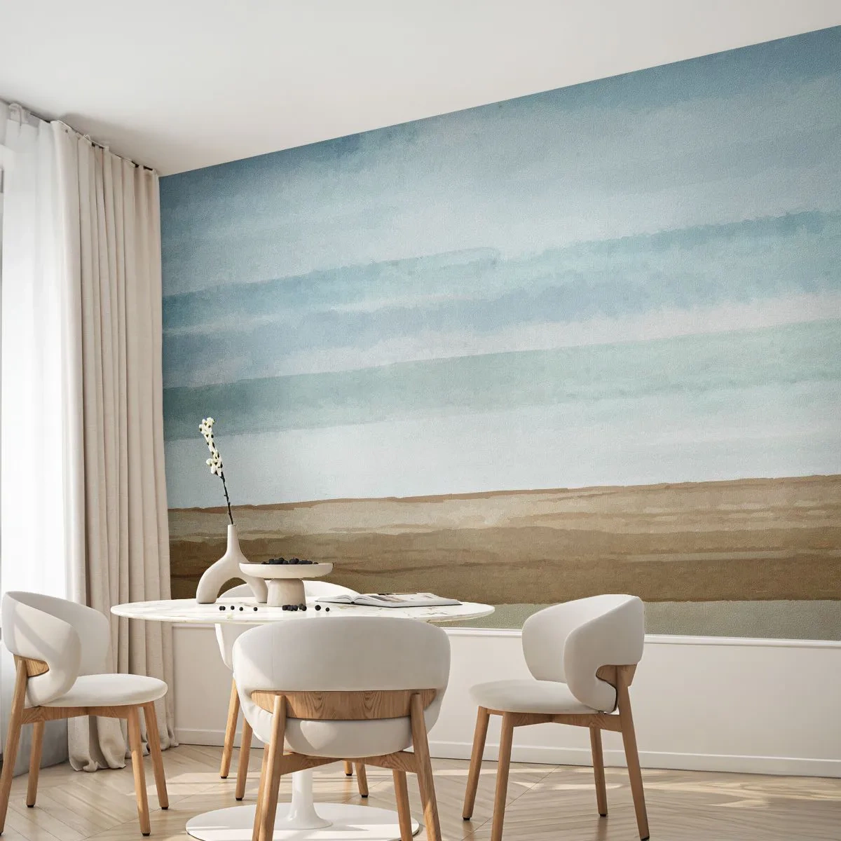 Papier Peint Photo Premium Sand - Paysage aquarelle de la mer et de la plage dans des tons pastel - 100x70cm - Réconfort - Décoration murale moderne pour le salon et la chambre ARTTOR