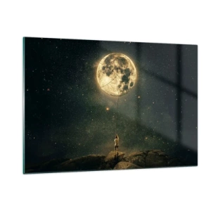 Impression sur verre - Image sur verre - Une figure sur un rocher tenant la lune, qui est piégée sur une corde. - 120x80cm - Celui qui a volé la lune - Décoration murale moderne pour le salon et la chambre ARTTOR