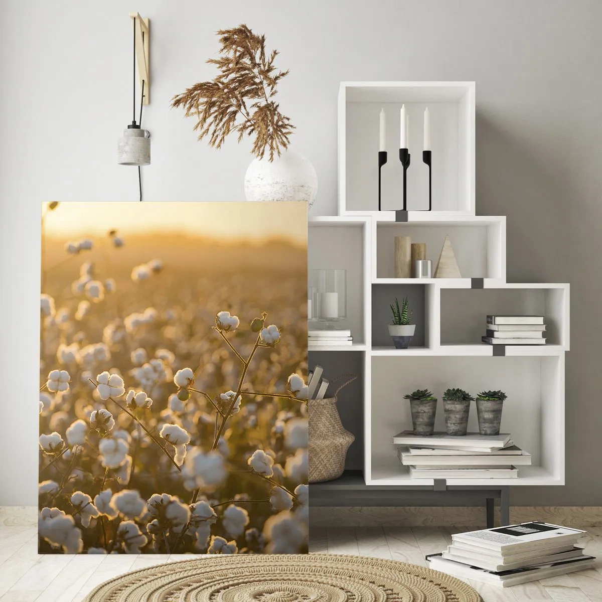 Impression sur verre - Image sur verre - Un champ de coton dans la chaude lumière du soleil couchant - 80x120cm - Champ moelleux - Décoration murale moderne pour le salon et la chambre ARTTOR