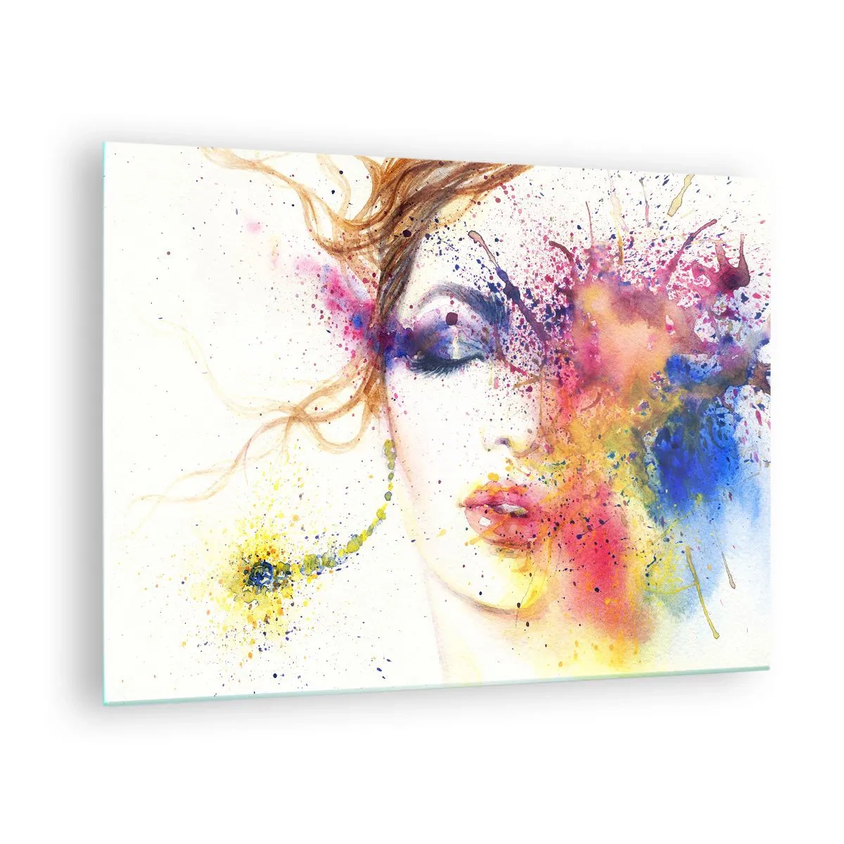 Impression sur verre - Image sur verre - Portrait abstrait d'une femme avec des éclaboussures de peinture arc-en-ciel - 70x50cm - Vertiges arc-en-ciel - Décoration murale moderne pour le salon et la chambre ARTTOR