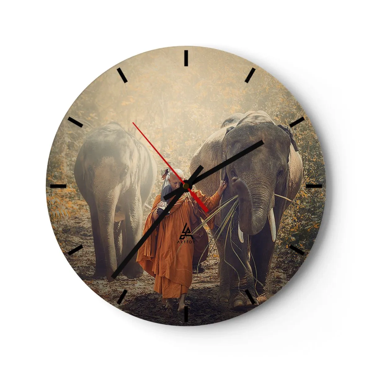 Horloge murale - Pendule murale - Un moine avec deux éléphants dans une forêt d'automne - 30x30cm - Compréhension totale - Décoration murale moderne pour le salon, la cuisine et la chambre ARTTOR