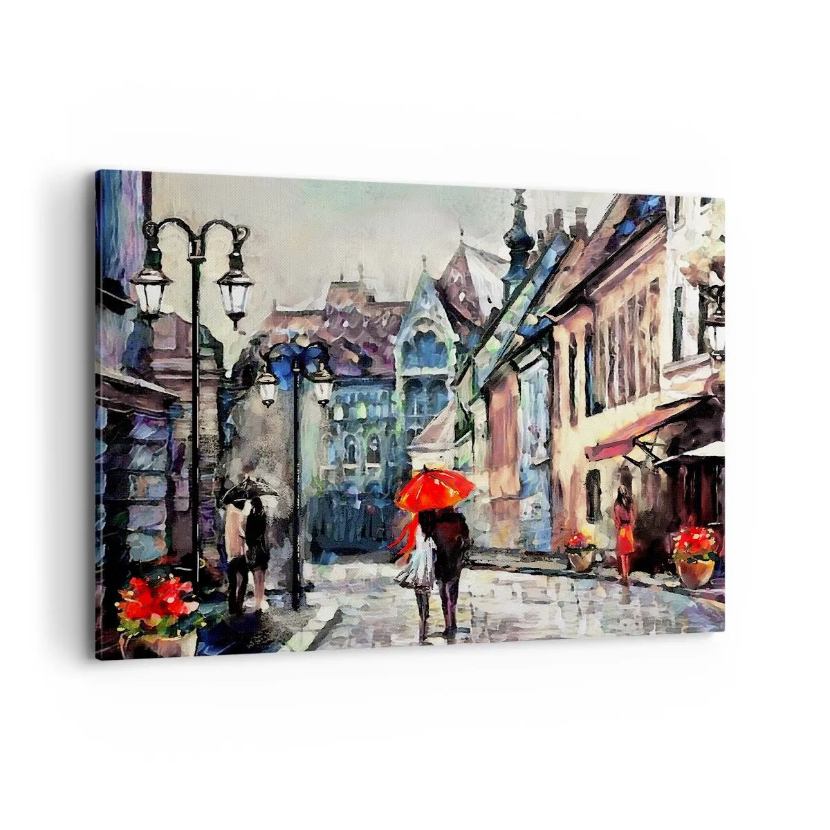 Impression sur toile - Image sur toile - Une charmante rue de la ville avec un couple sous un parapluie rouge - 100x70cm - Pluie pour deux - Décoration murale moderne pour le salon et la chambre ARTTOR