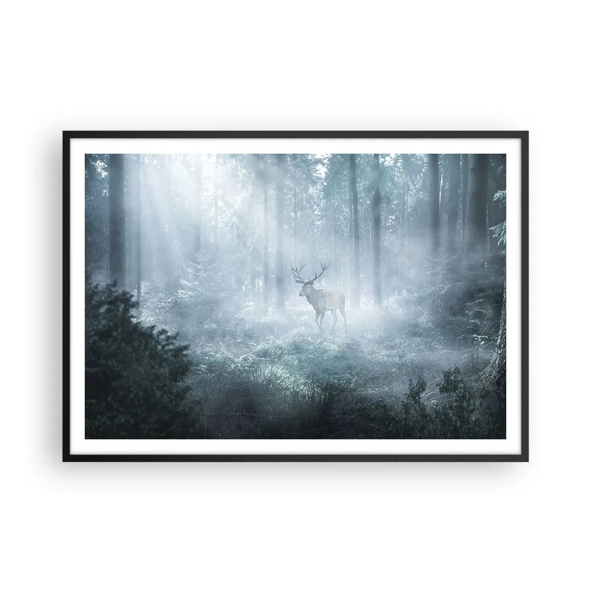 Affiche dans un cadre noir - Poster - Un cerf dans une forêt dense enveloppée de brume matinale - 100x70cm - Visite matinale du domaine - Décoration murale moderne pour le salon et la chambre ARTTOR