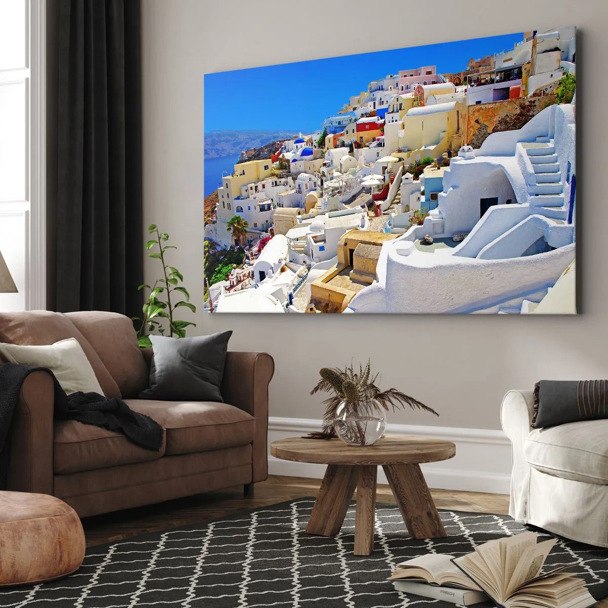 Impression sur toile - Image sur toile - Panorama de Santorin avec des maisons blanches et un ciel bleu - 100x70cm - Le rêve d'un été grec - Décoration murale moderne pour le salon et la chambre ARTTOR