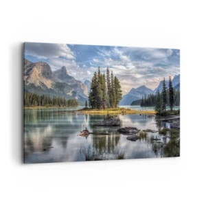 Impression sur toile - Image sur toile - Un paysage de montagne avec une île entourée d'un lac calme - 100x70cm - Sous les grandes eaux claires - Décoration murale moderne pour le salon et la chambre ARTTOR