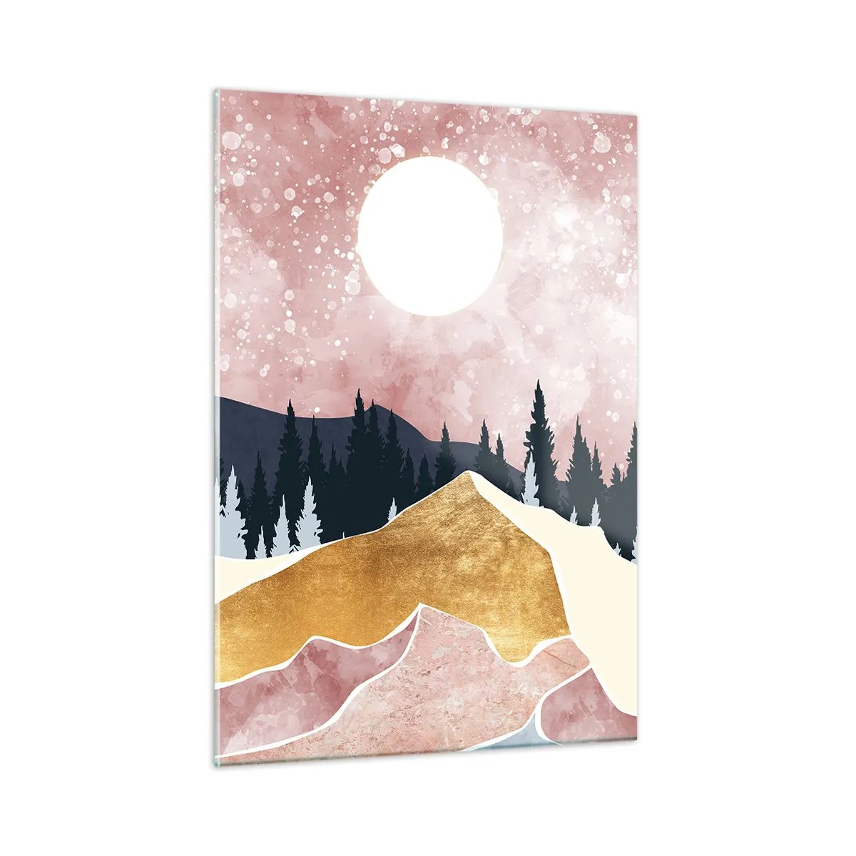 Impression sur verre - Image sur verre - Montagnes et forêt au clair de lune contre un ciel rose - 50x70cm - Gardien de la nuit - Décoration murale moderne pour le salon et la chambre ARTTOR