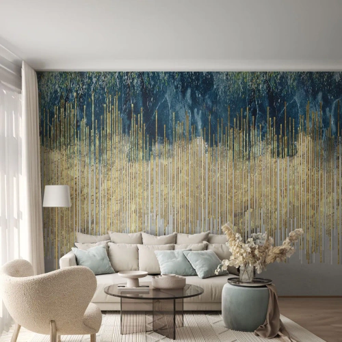 Papier Peint Photo Standard Eco - Lignes dorées sur un fond abstrait bleu marine-gris - 100x70cm - Bordure dorée - Décoration murale moderne pour le salon et la chambre ARTTOR