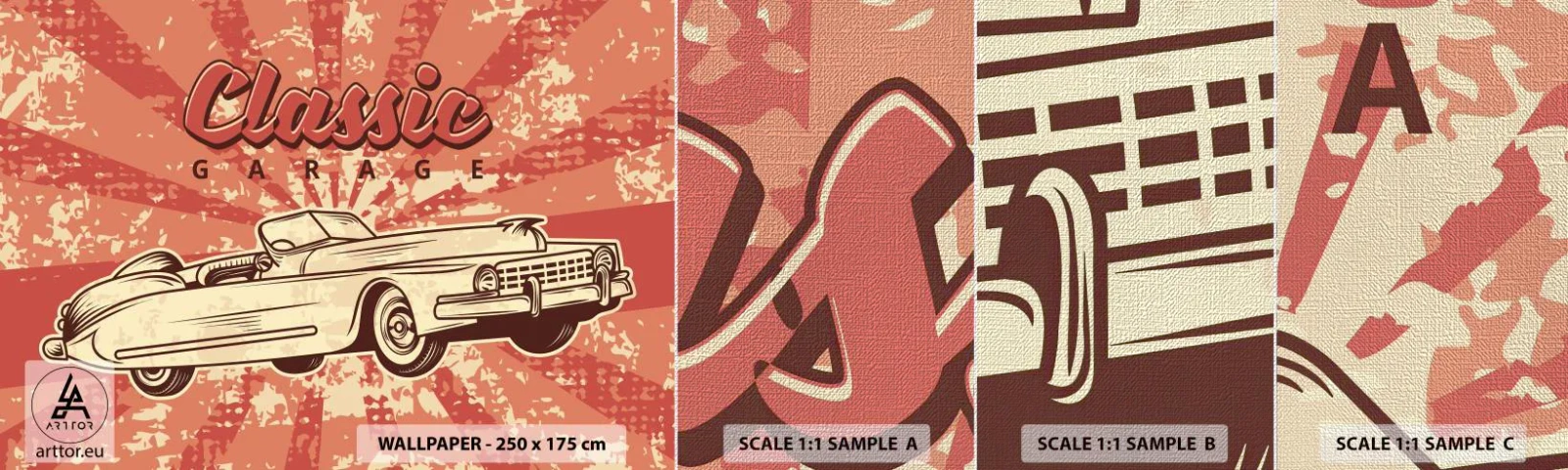 Échantillon de Papier Peint Premium Canvas - Et à la radio, Elvis - Voiture, Cabriolet, Voyages - 100x30 cm