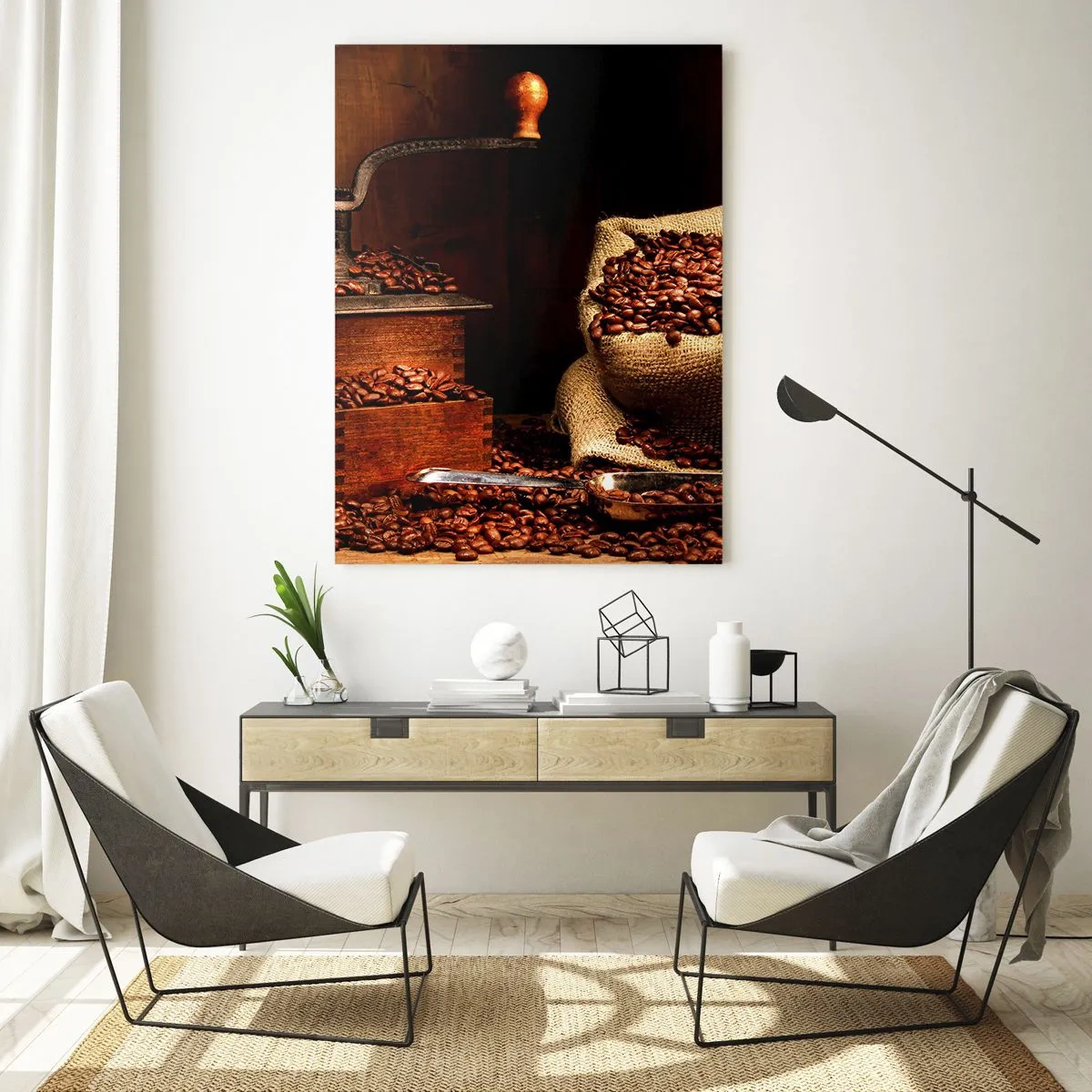 Impression sur verre - Image sur verre - Un vieux moulin à café avec des grains et un sac dans un style rustique. - 80x120cm - Nature morte avec grains de café et moulin - Décoration murale moderne pour le salon et la chambre ARTTOR