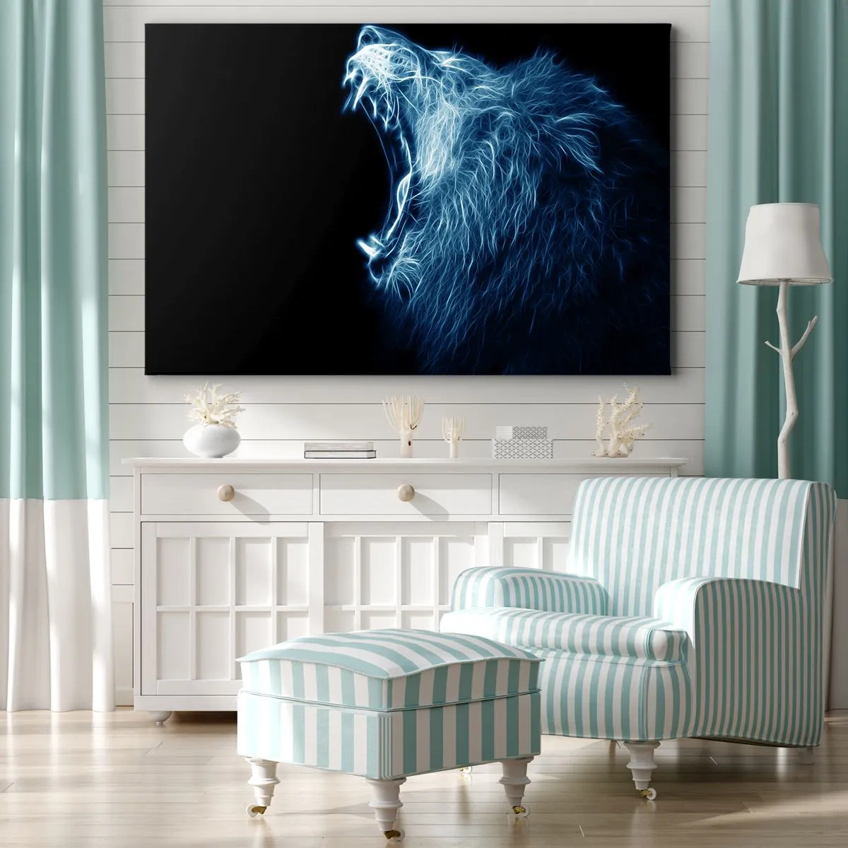 Impression sur toile - Image sur toile - Un visage saisissant de lion dans un style néon - 70x50cm - La colère ardente du roi - Décoration murale moderne pour le salon et la chambre ARTTOR