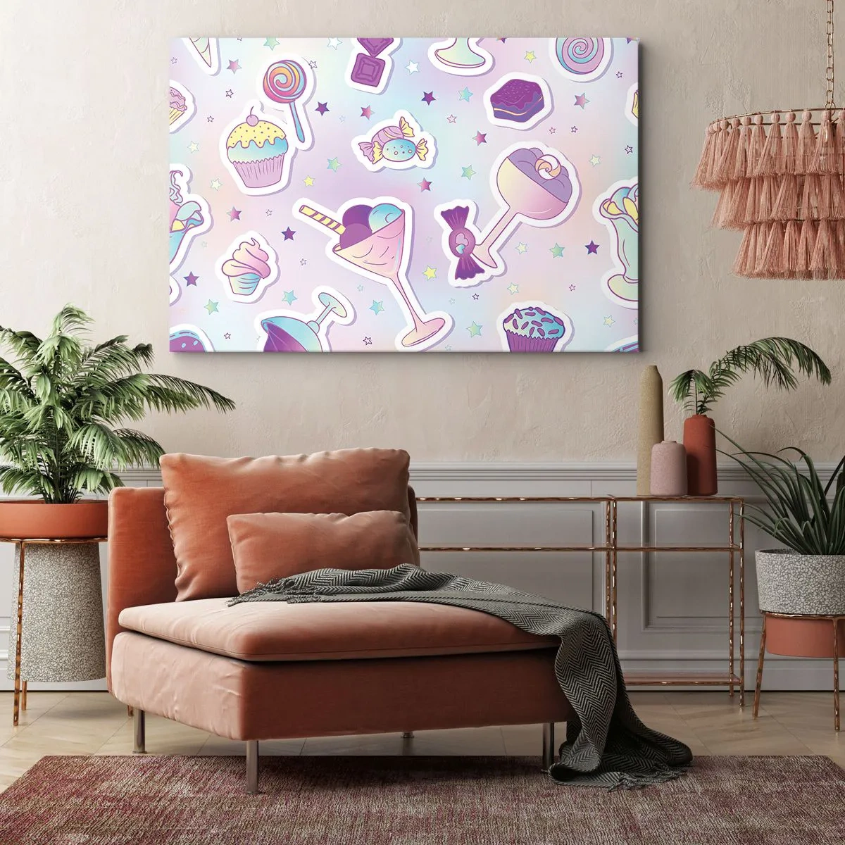 Impression sur toile - Image sur toile - Motifs pastel avec bonbons et desserts - 100x70cm - Pour que tous les jours soit un anniversaire  - Décoration murale moderne pour le salon et la chambre ARTTOR