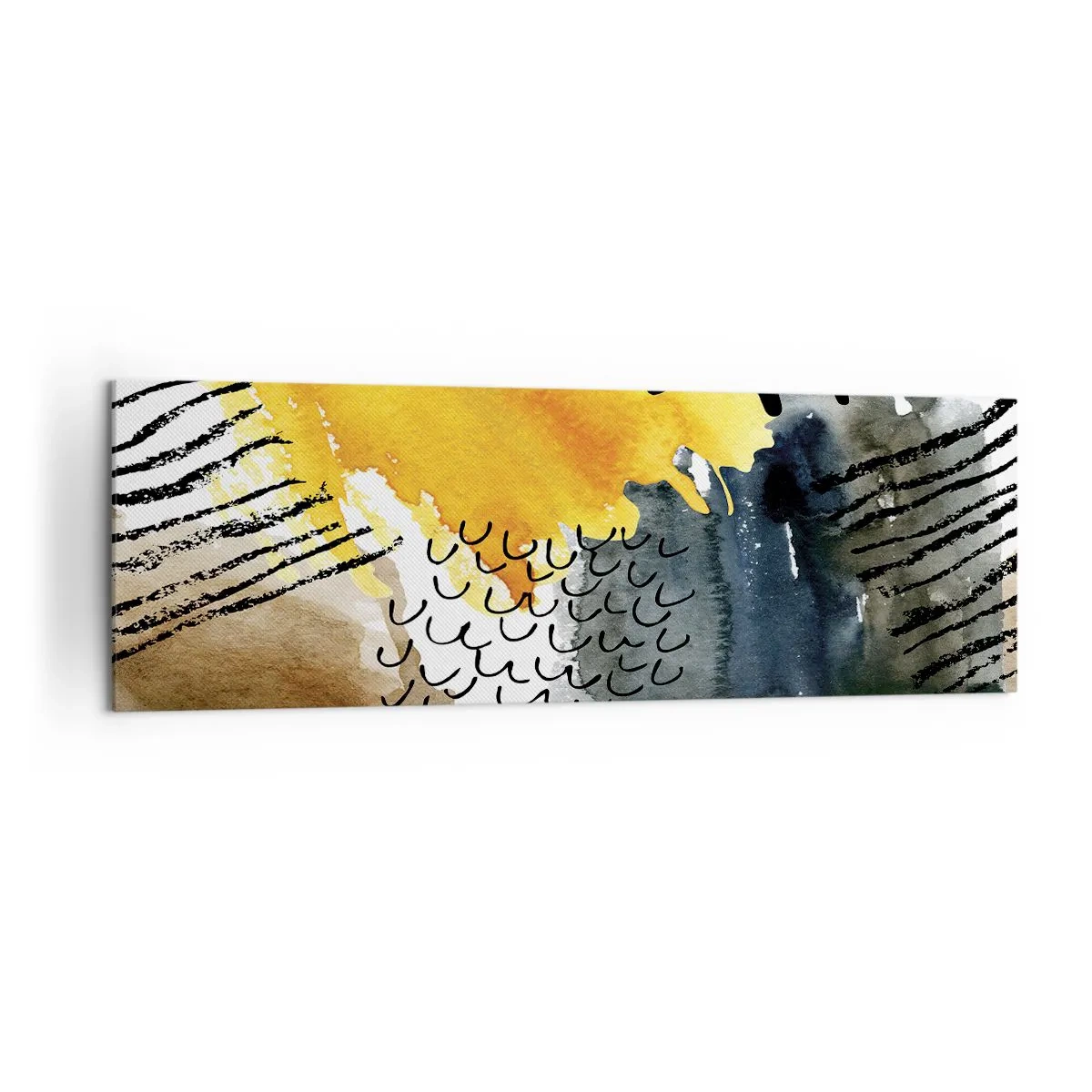 Impression sur toile - Image sur toile - Une composition abstraite avec des accents jaunes et des motifs graphiques. - 160x50cm - Rencontre des éléments - Décoration murale moderne pour le salon et la chambre ARTTOR