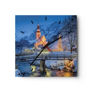 Horloge murale - Pendule murale - Paysage d'hiver avec une église, un pont et des montagnes au crépuscule - 30x30cm - L'âme du monde - Décoration murale moderne pour le salon et la chambre ARTTOR