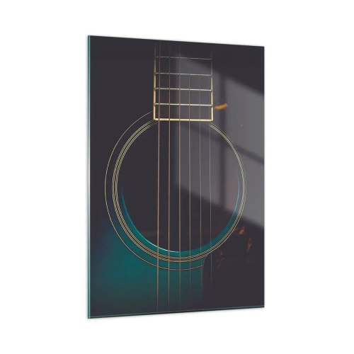 Impression sur verre - Image sur verre - Gros plan d'une guitare acoustique noire avec détails des cordes - 50x70cm - Le calme avant la tempête - Décoration murale moderne pour le salon et la chambre ARTTOR
