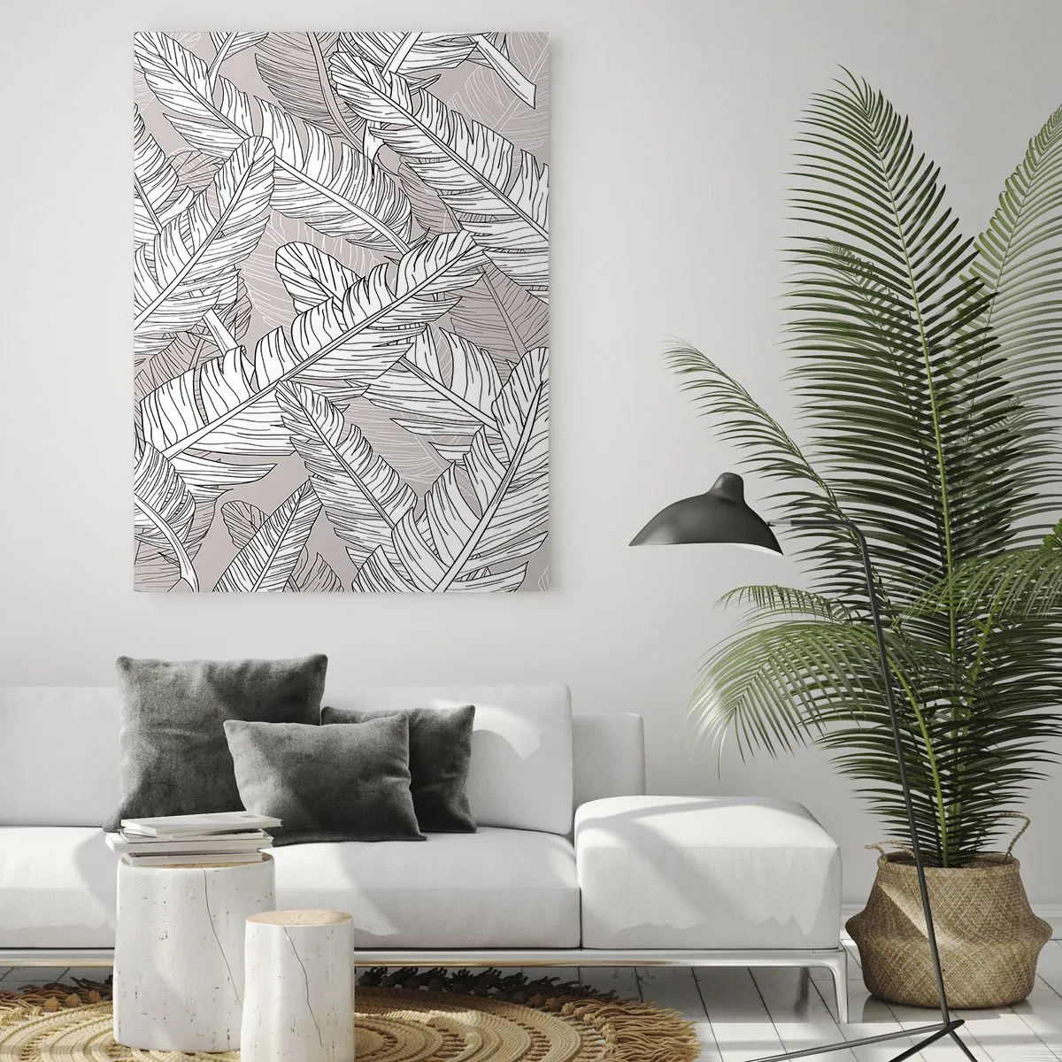 Impression sur verre - Image sur verre - Feuilles noires et blanches sur fond beige dans un style graphique - 50x70cm - Un tourbillon de plumes - Décoration murale moderne pour le salon et la chambre ARTTOR