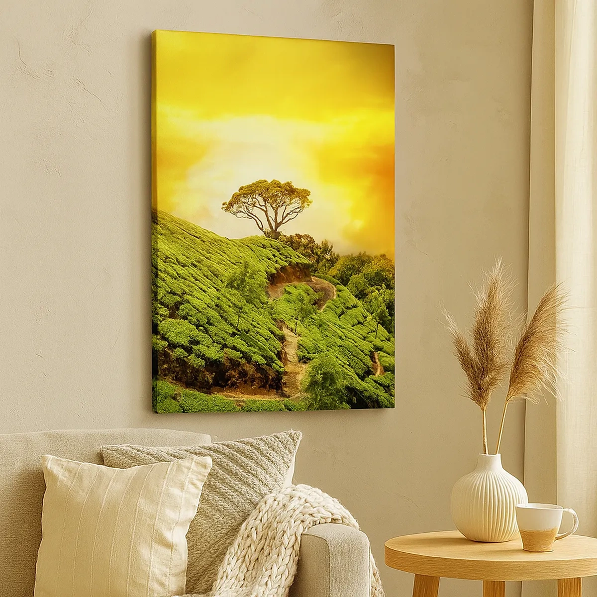 Impression sur toile - Image sur toile - Collines verdoyantes de plantations de thé au coucher du soleil - 50x70cm - Un chemin sinueux, une pente verte - Décoration murale moderne pour le salon et la chambre ARTTOR