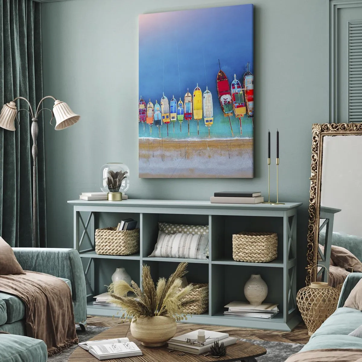 Impression sur toile - Image sur toile - Des bateaux colorés alignés en rangée sur le rivage - 80x120cm - Une vue à vol d'oiseau - Décoration murale moderne pour le salon et la chambre ARTTOR