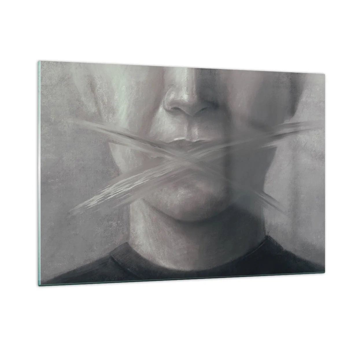 Impression sur verre - Image sur verre - Portrait d'une personne aux lèvres maculées dans des tons de gris - 120x80cm - Sans mot - Décoration murale moderne pour le salon et la chambre ARTTOR