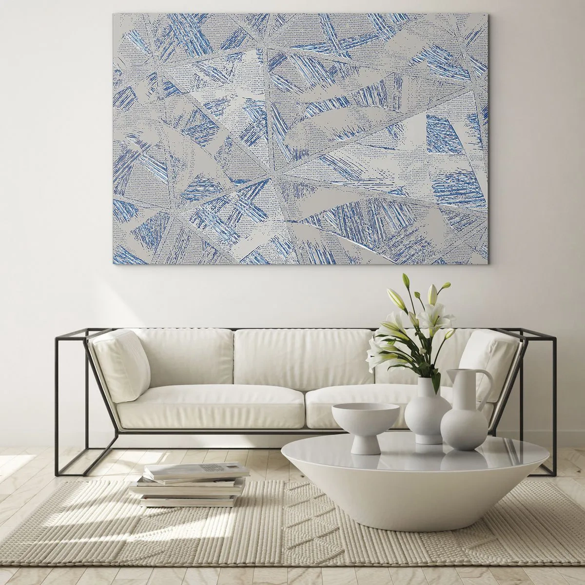 Impression sur verre - Image sur verre - Motifs géométriques dans les tons de gris et de bleu - 70x50cm - Dans un labyrinthe bleu-gris - Décoration murale moderne pour le salon et la chambre ARTTOR