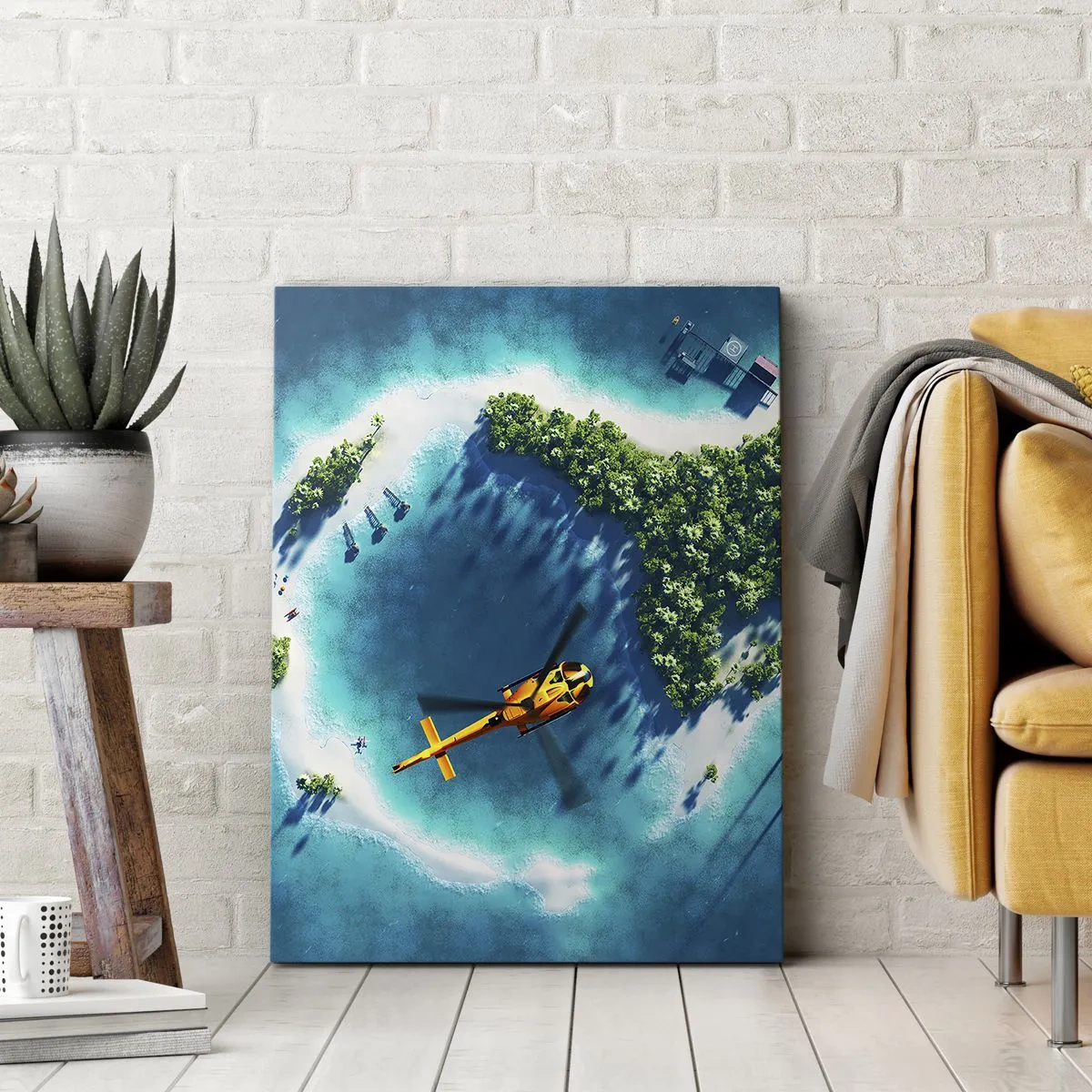 Impression sur toile - Image sur toile - Une île tropicale entourée d'eau turquoise avec un hélicoptère en vue - 70x100cm - Achetez-vous une île - Décoration murale moderne pour le salon et la chambre ARTTOR