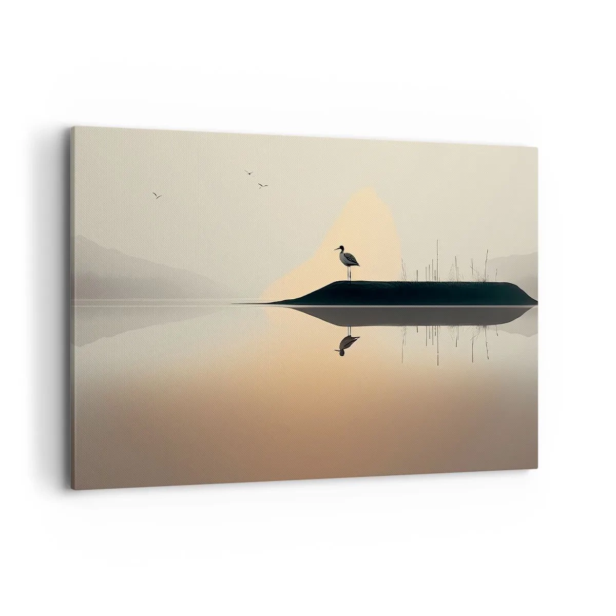 Impression sur toile - Image sur toile - Un oiseau sur une île dans un lac calme aux teintes chaudes - 120x80cm - Le seigneur du lac - Décoration murale moderne pour le salon et la chambre ARTTOR