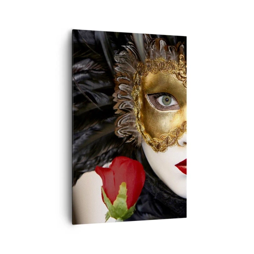 Impression sur toile - Image sur toile - Masque vénitien doré avec plumes et rose rouge, motif mystérieux. - 80x120cm - Parce que la vie est un grand bal - Décoration murale moderne pour le salon et la chambre ARTTOR