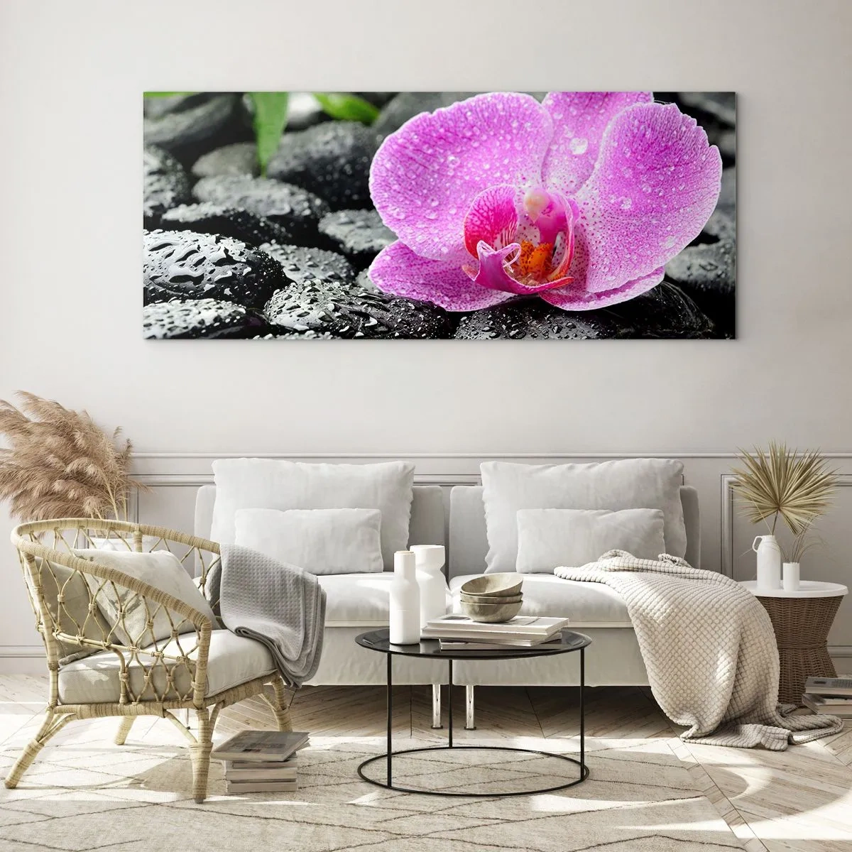 Impression sur verre - Image sur verre - Orchidée rose sur des pierres noires humides avec des feuilles vertes - 140x50cm - Comme un coeur ouvert - Décoration murale moderne pour le salon et la chambre ARTTOR