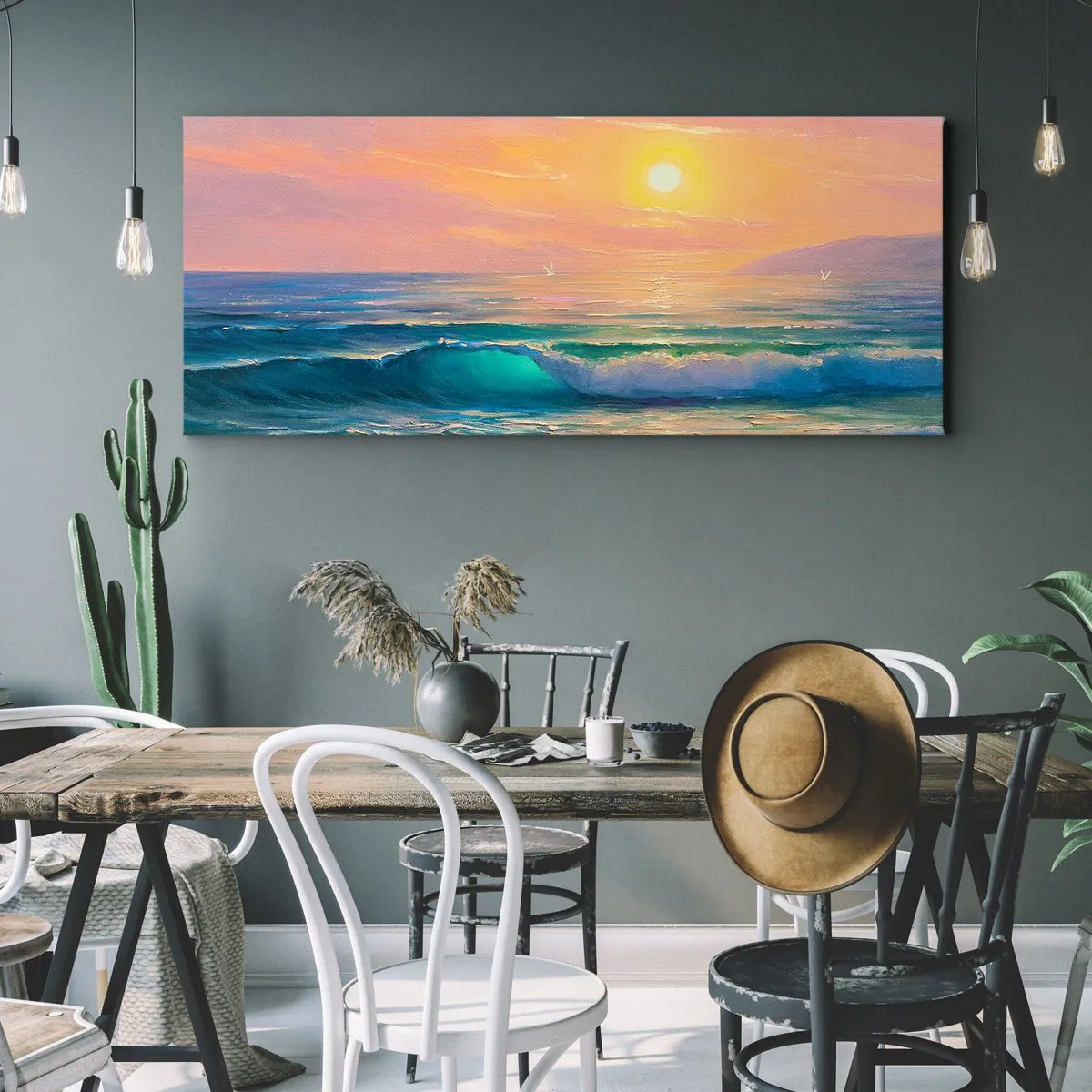 Impression sur toile - Image sur toile - Paysage marin avec coucher de soleil - 160x50cm - Le chant turquoise des vagues - Décoration murale moderne pour le salon et la chambre ARTTOR