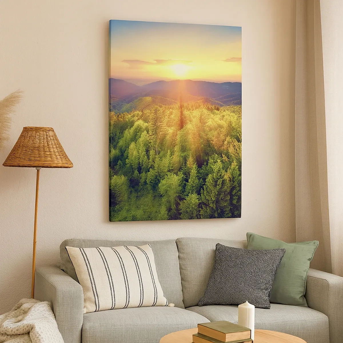 Impression sur toile - Image sur toile - Paysage forestier avec coucher de soleil sur les collines - 50x70cm - Monts et sommets - Décoration murale moderne pour le salon et la chambre ARTTOR