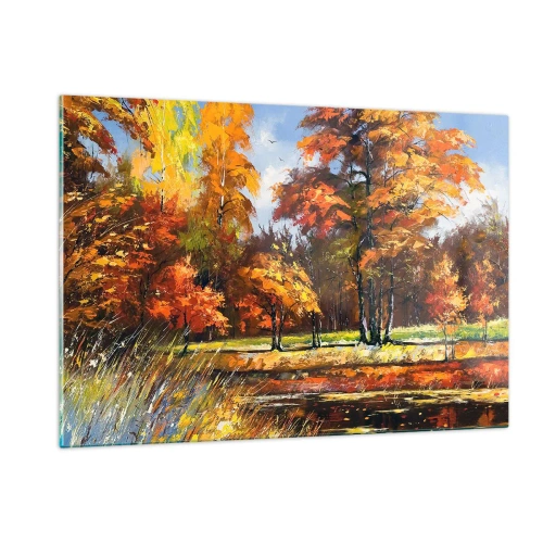 Impression sur verre - Image sur verre - Paysage d'automne avec arbres et reflet dans l'eau - 120x80cm - Paysage en or et bronze - Décoration murale moderne pour le salon et la chambre ARTTOR