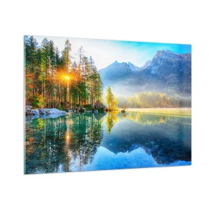 Impression sur verre - Image sur verre - Paysage de montagne avec un lac et le soleil du matin - 100x70cm - Majesté et douceur - Décoration murale moderne pour le salon et la chambre ARTTOR