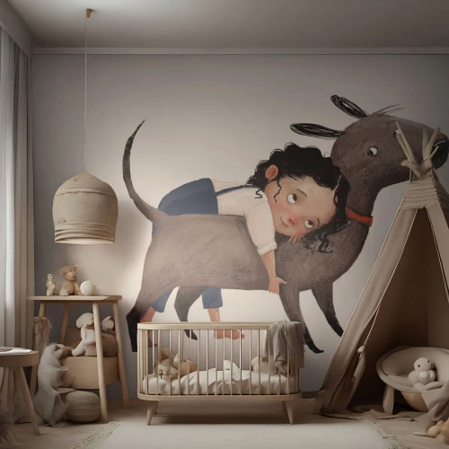Papier Peint Photo Premium Sand - Une fille serrant dans ses bras un gros chien dans un style d'illustration. - 100x70cm - Les meilleurs amis - Décoration murale moderne pour le salon et la chambre ARTTOR