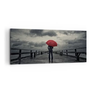 Impression sur toile - Image sur toile - Une personne avec un parapluie rouge sur une jetée pluvieuse - 120x50cm - Peu importe qu'il pleuve - Décoration murale moderne pour le salon et la chambre ARTTOR