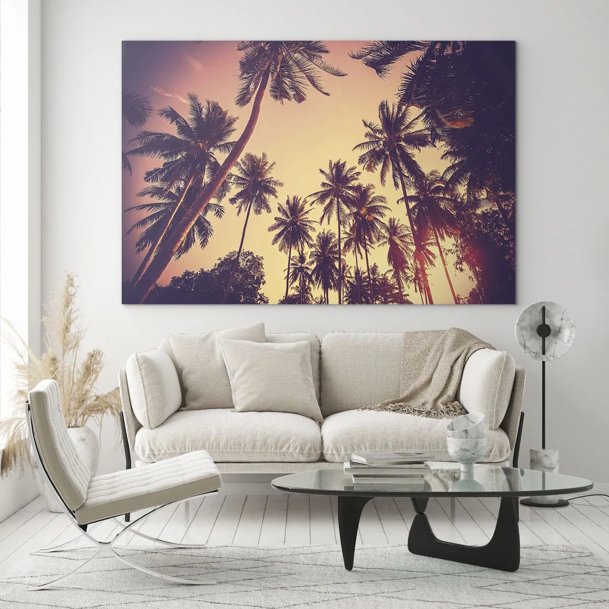Impression sur verre - Image sur verre - Palmiers dans les rayons du soleil couchant - 70x50cm - Variation tropicale - Décoration murale moderne pour le salon et la chambre ARTTOR
