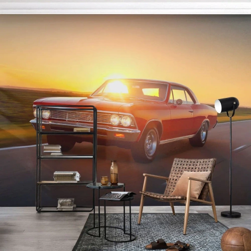 Papier Peint Photo Standard Eco - Voiture classique sur la route au coucher du soleil - 100x70cm - Le désir est de couleur rouge - Décoration murale moderne pour le salon et la chambre ARTTOR