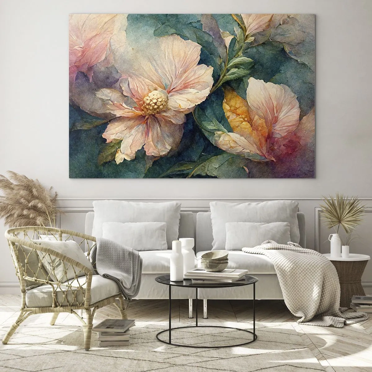 Impression sur verre - Image sur verre - Fleurs délicates aux tons pastel aquarelles - 70x50cm - Uniquement de la subtilité - Décoration murale moderne pour le salon et la chambre ARTTOR