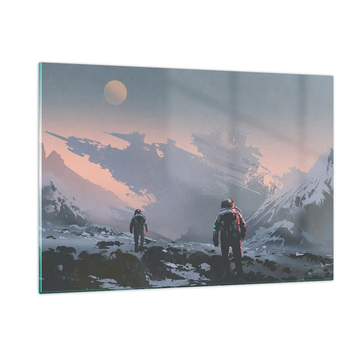 Impression sur verre - Image sur verre - Des astronautes sur une planète extraterrestre avec une épave en arrière-plan - 120x80cm - Sous une étoile inconnue - Décoration murale moderne pour le salon et la chambre ARTTOR