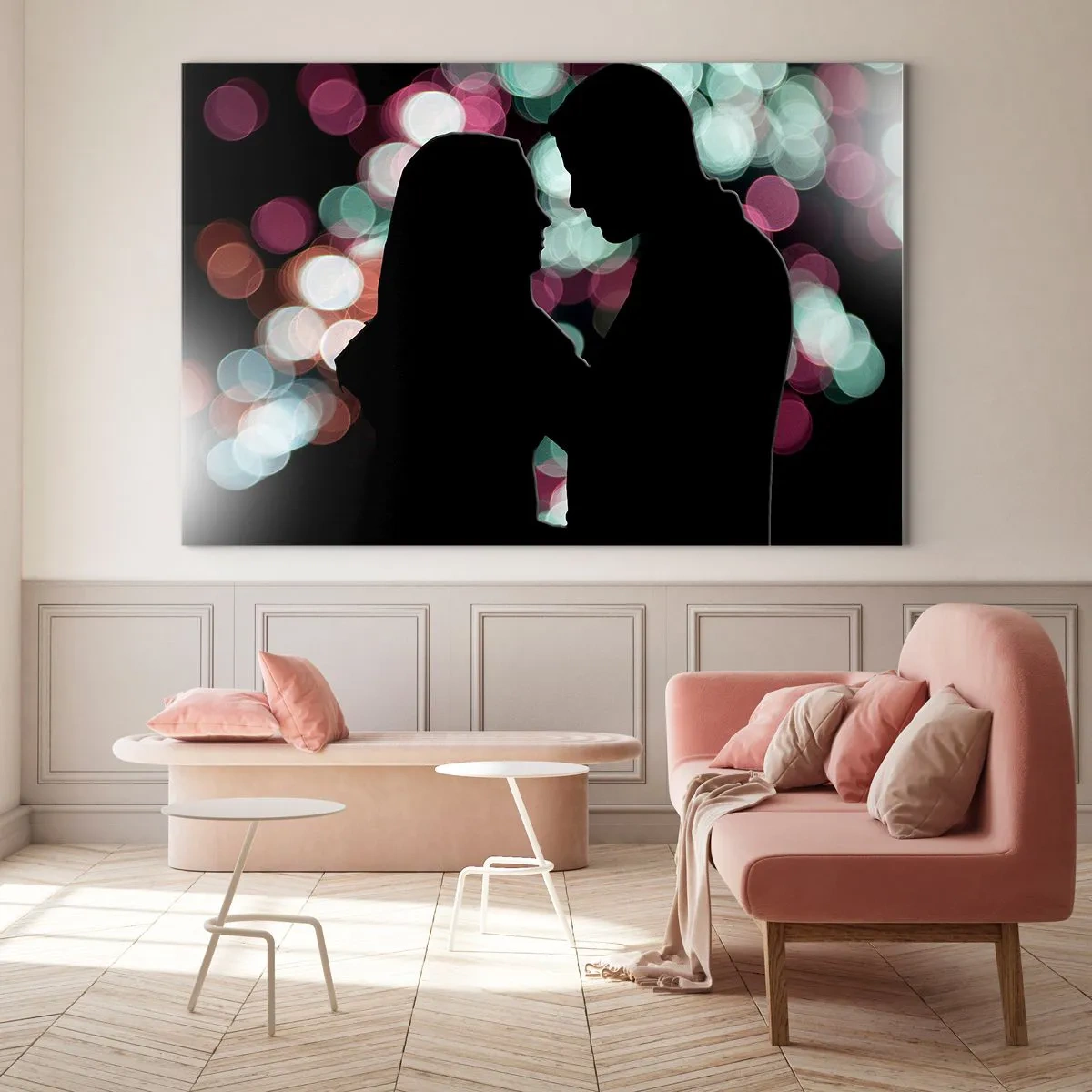 Impression sur verre - Image sur verre - Silhouettes d'un couple sur fond de lumières bokeh colorées - 100x70cm - Oui! - Décoration murale moderne pour le salon et la chambre ARTTOR