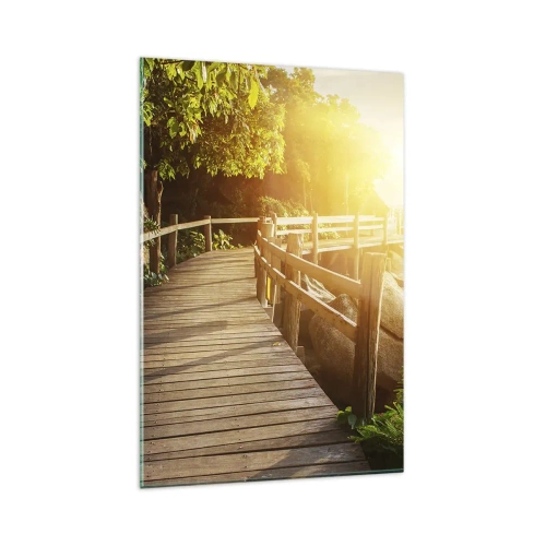 Impression sur verre - Image sur verre - Un pont en bois au milieu de la verdure menant à la mer sous les rayons du soleil - 80x120cm - Un autre tour, un autre miracle - Décoration murale moderne pour le salon et la chambre ARTTOR