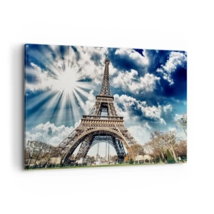 Impression sur toile - Image sur toile - La Tour Eiffel sous un ciel ensoleillé avec des nuages - 120x80cm - La seule et unique sous le soleil - Décoration murale moderne pour le salon et la chambre ARTTOR