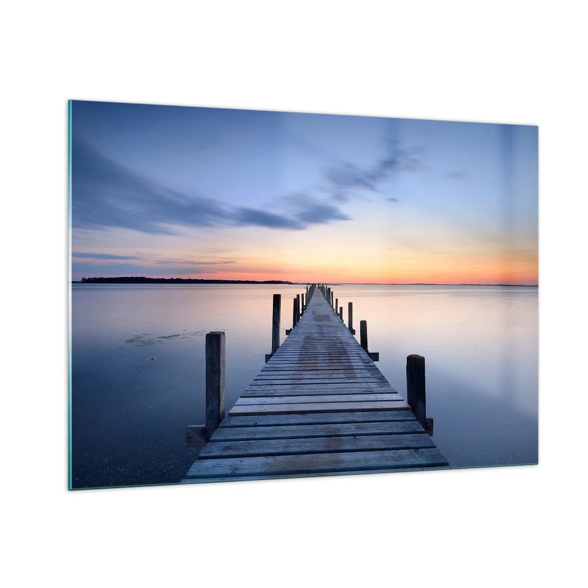 Impression sur verre - Image sur verre - Une jetée en bois sur un lac calme au coucher du soleil - 100x70cm - Le calme d'un crépuscule serein - Décoration murale moderne pour le salon et la chambre ARTTOR
