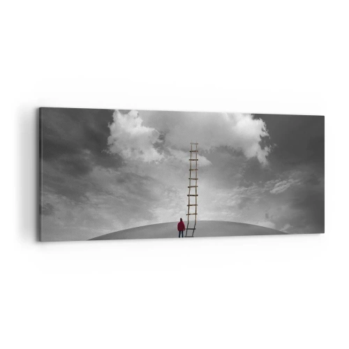 Impression sur toile - Image sur toile - Une personne portant un manteau rouge et une échelle menant à un nuage - 120x50cm - Tout est possible - Décoration murale moderne pour le salon et la chambre ARTTOR
