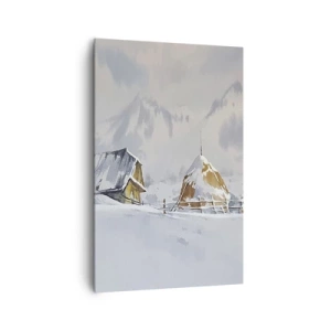 Impression sur toile - Image sur toile - Paysage d'hiver avec un chalet et des meules de foin dans les montagnes - 80x120cm - Dans une vallée enneigée - Décoration murale moderne pour le salon et la chambre ARTTOR