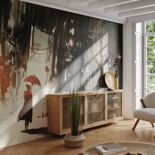 Papier peint sur mesure Premium Sand - La poésie du parapluie rouge - Ville, Femme, Architecture